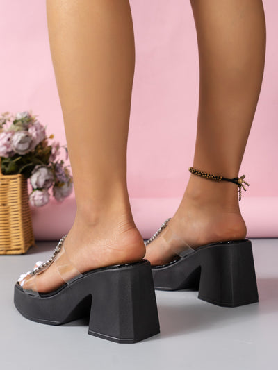 High Heel Square Toe Rhinestone Slippers Women Outer Wear Waterproof Platform Thick Bottom Slippers