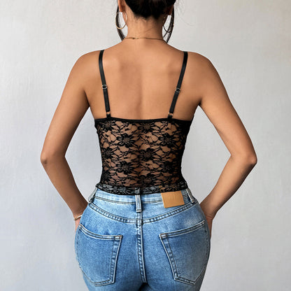 Summer Travel Breathable Sexy Double Layer Lace Special Shaped Strap Deep V Plunge neck Backless Slim Strap Women