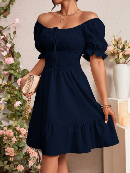 Elegant Gentle Square Collar Backless Solid Color Design Mid Length Dress