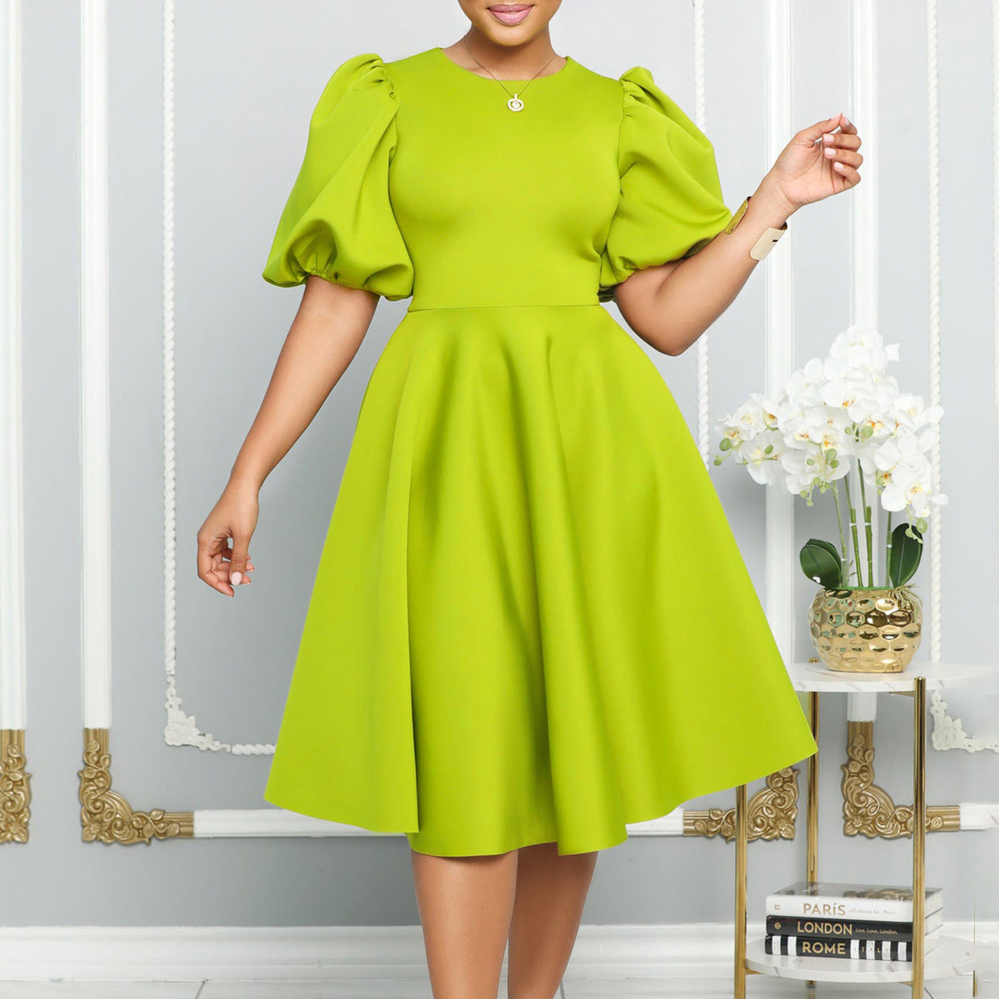 Women Clothing Summer Short Sleeve Crew Neck High Waist Big Swing Cocktail Evening Dress