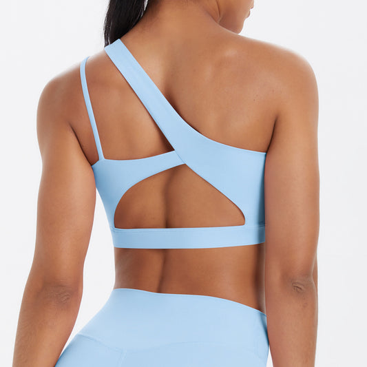 Solid Color One Shoulder Beauty Back Yoga Bra Nude Feel Push up Sports Bra Irregular Asymmetric Shoulder Strap Sports Vest for Women