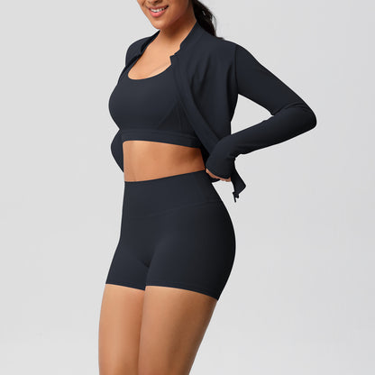 Solid Color Cloud Sense Yoga Bra Sports Coat Pilates Running Shorts Fitness Yoga Wear Three Piece Set for Women