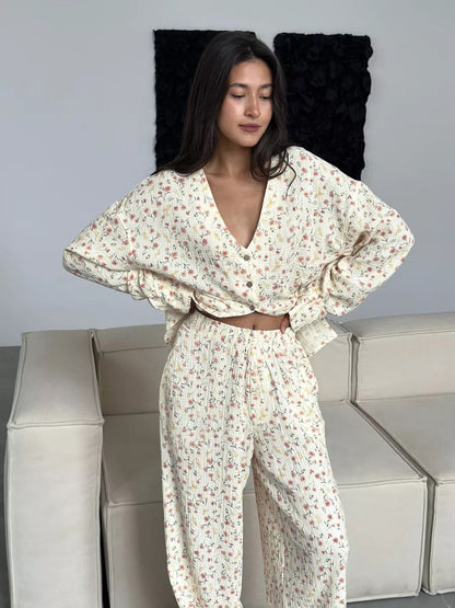 Loose Comfortable Homewear Spring Pure Cotton Printed Long Sleeved Trousers Comfortable Pajamas Women