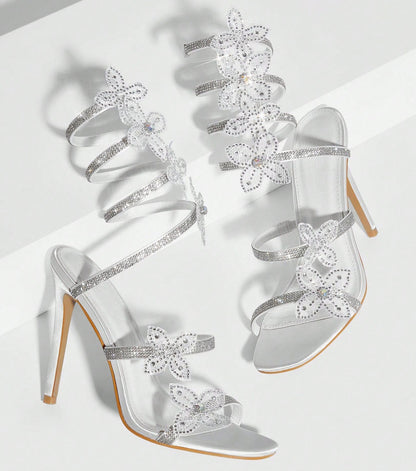 11cm Stiletto Heel White Pink Square Head Women Summer High Heel Sandals Women Rhinestone Floral Heels