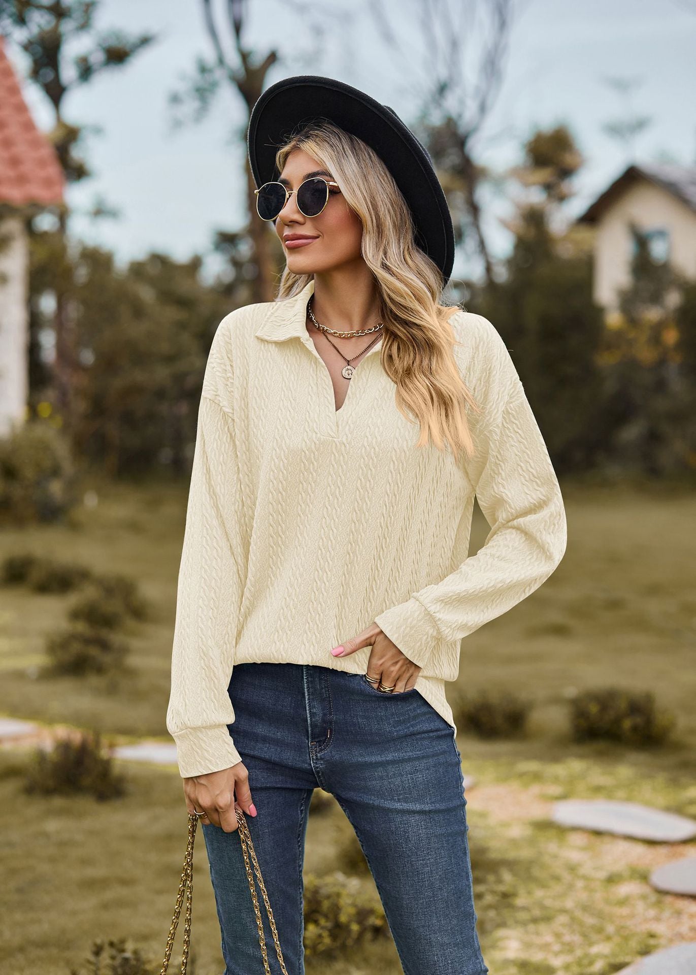 Autumn Winter Solid Color Polo Collar Loose Long Sleeve Sweatershirt Coat Women Jacket