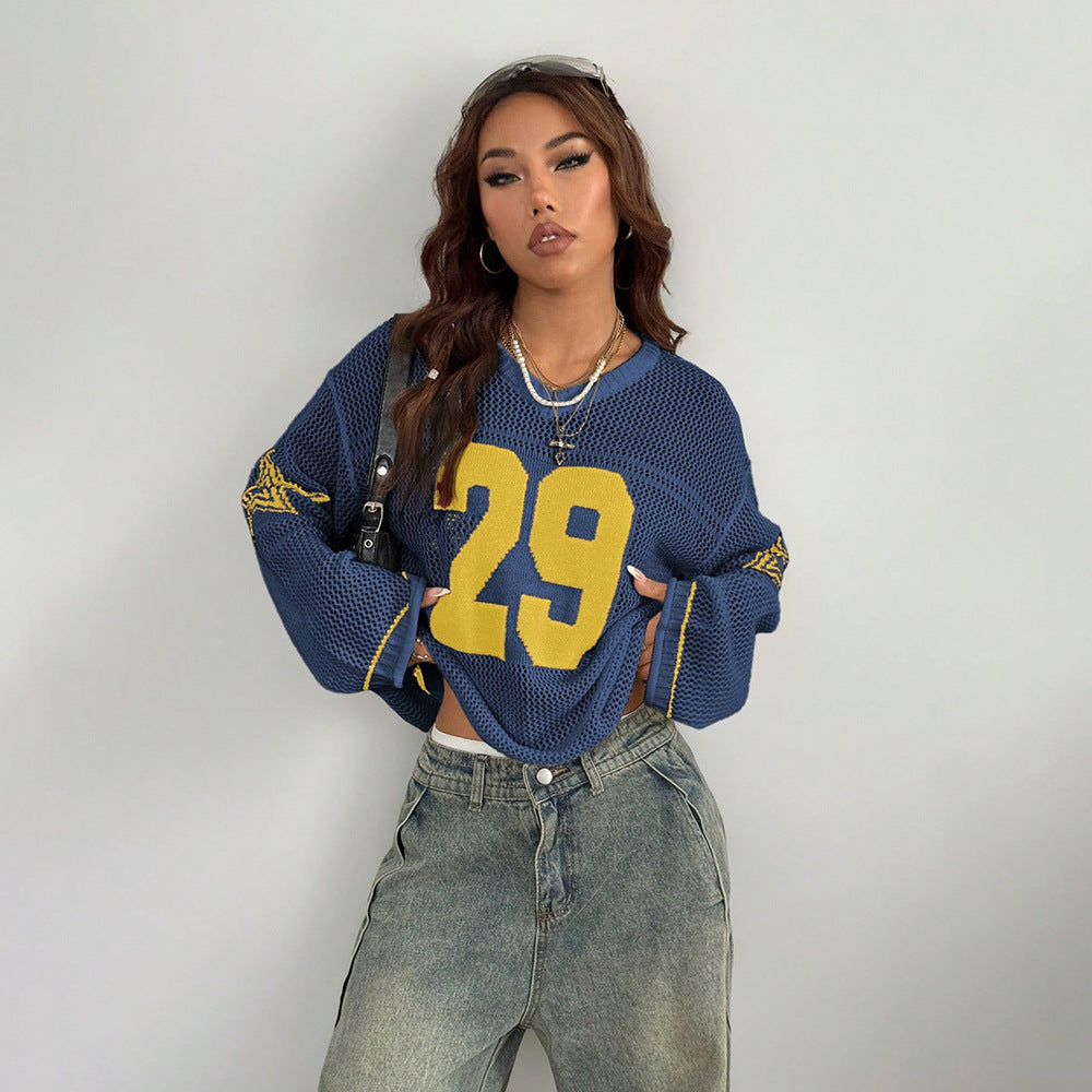 Casual Street Digital Printed V neck Long Sleeved Knitted Sweater