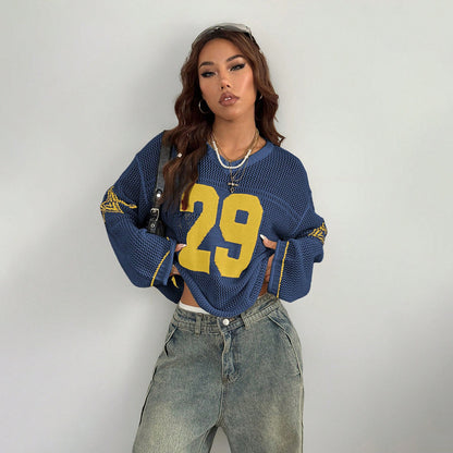 Casual Street Digital Printed V neck Long Sleeved Knitted Sweater