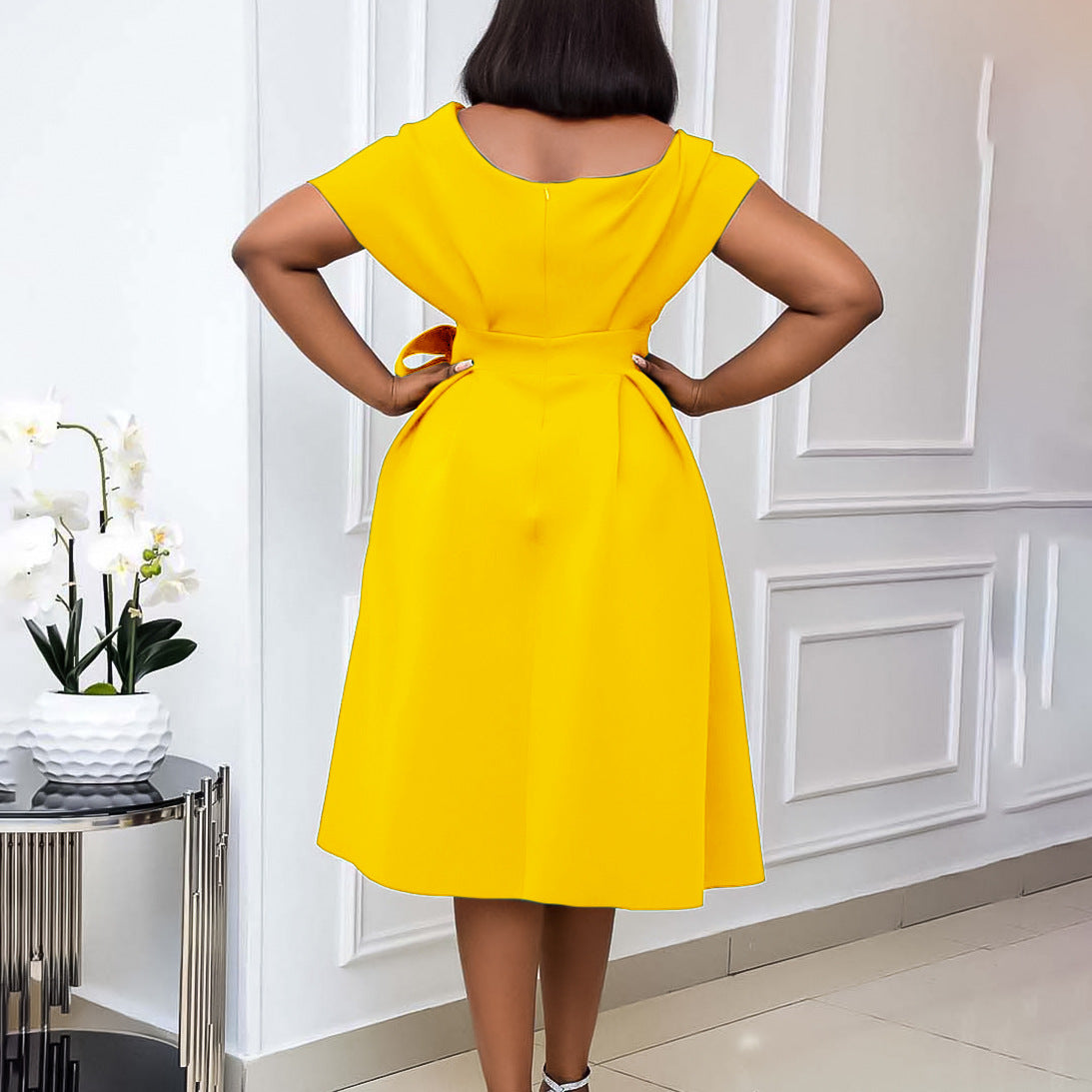 Women Clothing Summer V neck Lace up Elegant plus Size Africa Dress
