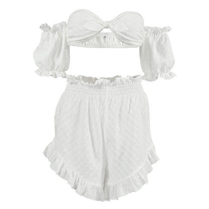 Sexy Summer Pajamas Plaid Retro off Shoulder Ruffled Shorts Two Piece Thin Ladies Homewear