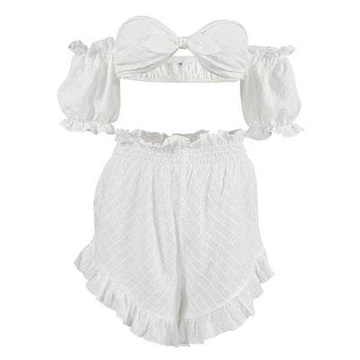 Sexy Summer Pajamas Plaid Retro off Shoulder Ruffled Shorts Two Piece Thin Ladies Homewear
