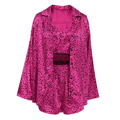 Autumn Satin Polka Dot Printed Homewear Underwear Shorts Outerwear Gown Three Piece Pajamas