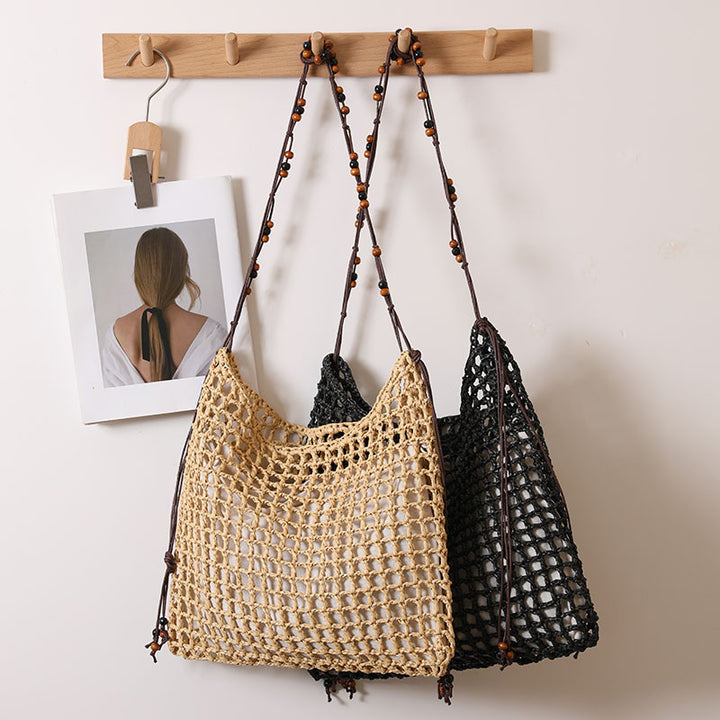 Summer Straw Woven Bag With Lace Up Pattern Suitable For Women Beach Vacation Beach Bag - GLAMWEARS