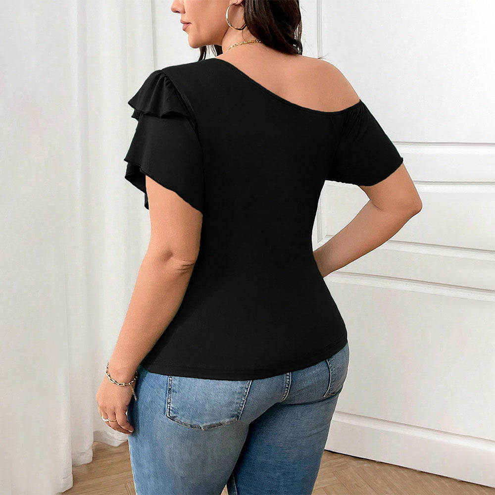 Plus Size Women Clothing Summer All Match Office Ruffled Diagonal Collar Loose Fitting T shirt Top