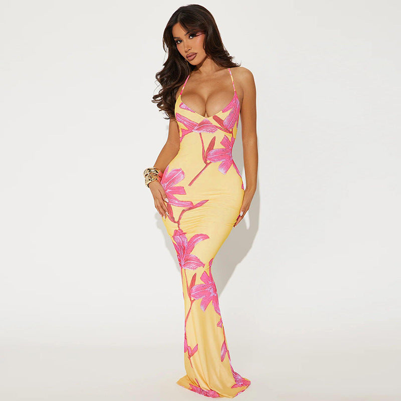 Women Clothing Summer Printed V neck Backless Suspenders Sexy Dress