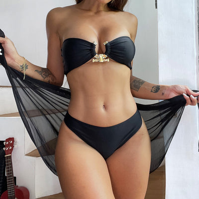 Bikini Swimsuit Bikini Three Piece Set Black Ribbon Veils Swimsuit