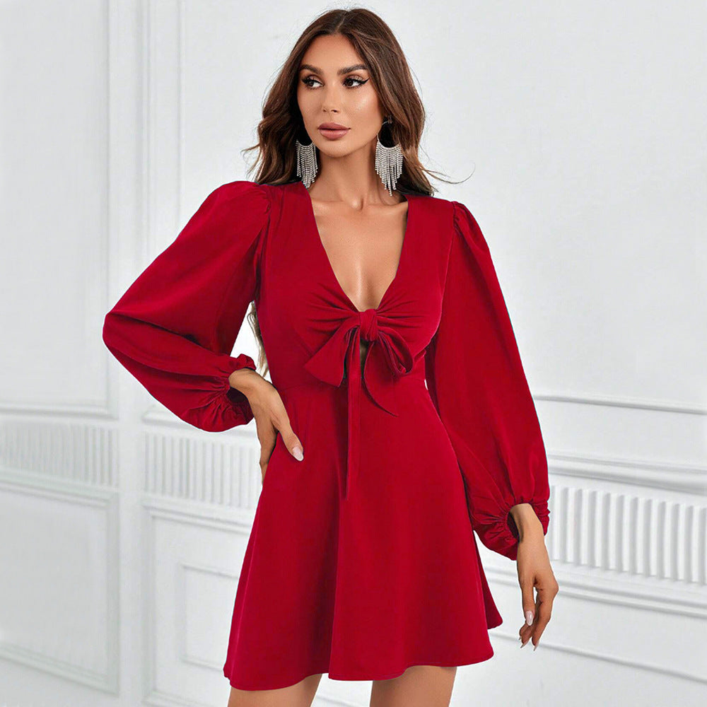 Women Clothing Sexy Hollow Out Cutout out Strap Waist Puff Sleeve Dress
