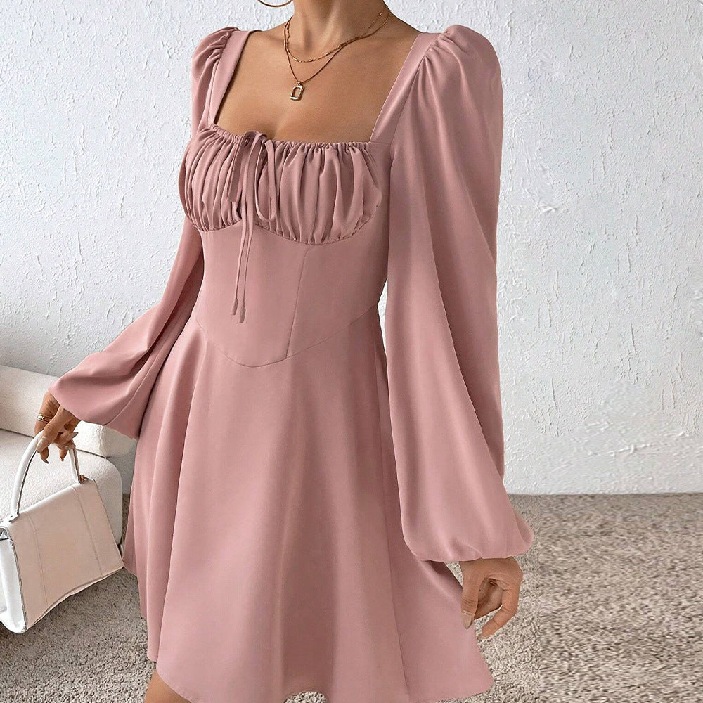 Autumn Winter Women Clothing Waist Controlled Large Hem A line Dress Puff Sleeve Square Collar Sweet Dress