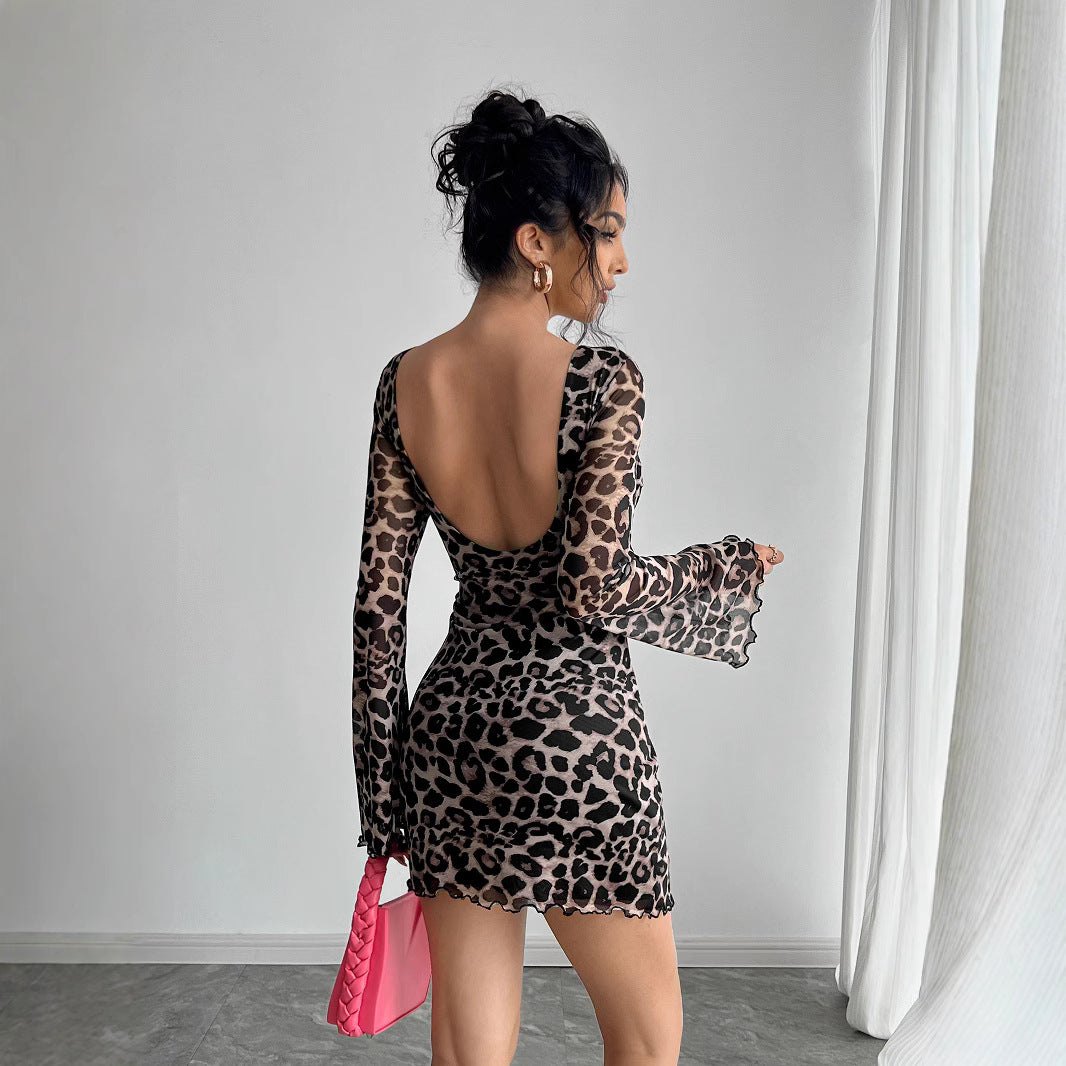 Spring Summer Lady Sexy Leopard Print Backless Flare Sleeve Mesh Dress