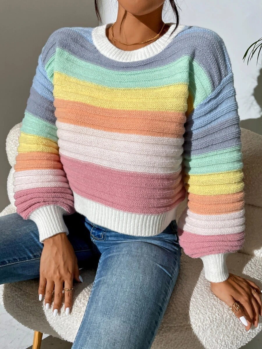 Autumn Winter Elegant Elegant Spliced Sweater Rainbow Striped Lantern Sleeve Knitted Pullover