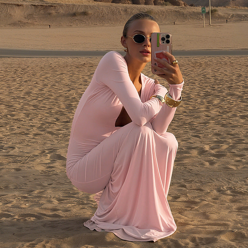 Fall Women Clothing Solid Color Slim Fit Slimming Deep V Plunge neck Sexy Sheath Long Sleeve Dress Women