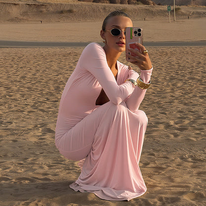 Fall Women Clothing Solid Color Slim Fit Slimming Deep V Plunge neck Sexy Sheath Long Sleeve Dress Women