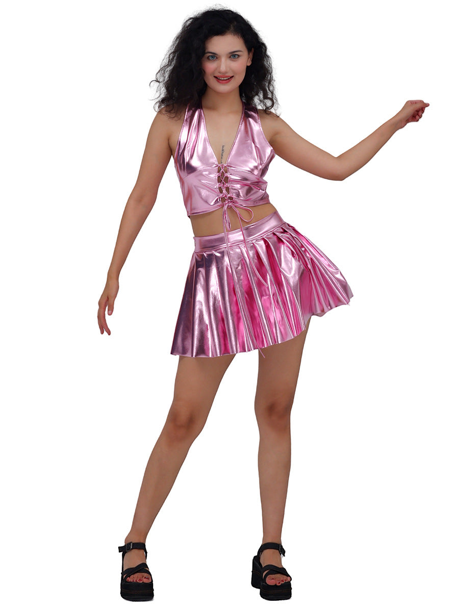 Women Dazzling Patent Leather Pleated Skirt Stage Nightclub High Waist Slimming A line Short Skirt Disco Dancing Costume