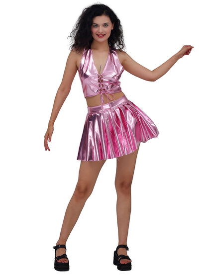 Women Dazzling Patent Leather Pleated Skirt Stage Nightclub High Waist Slimming A line Short Skirt Disco Dancing Costume