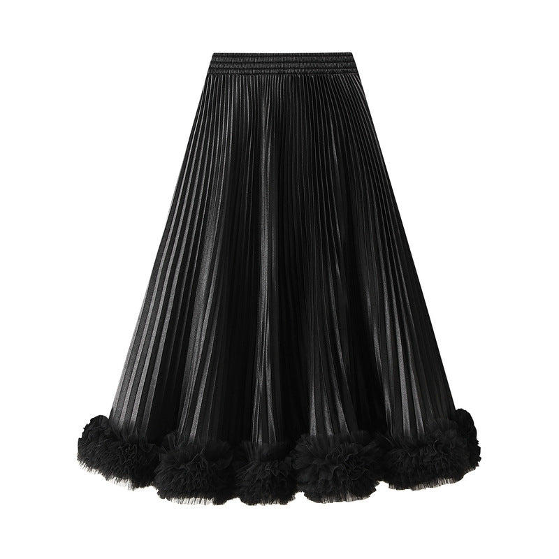 Elegant Pleated Petal Skirt Women High Grade Mid Length A line Skirt Wooden Ear Skirt