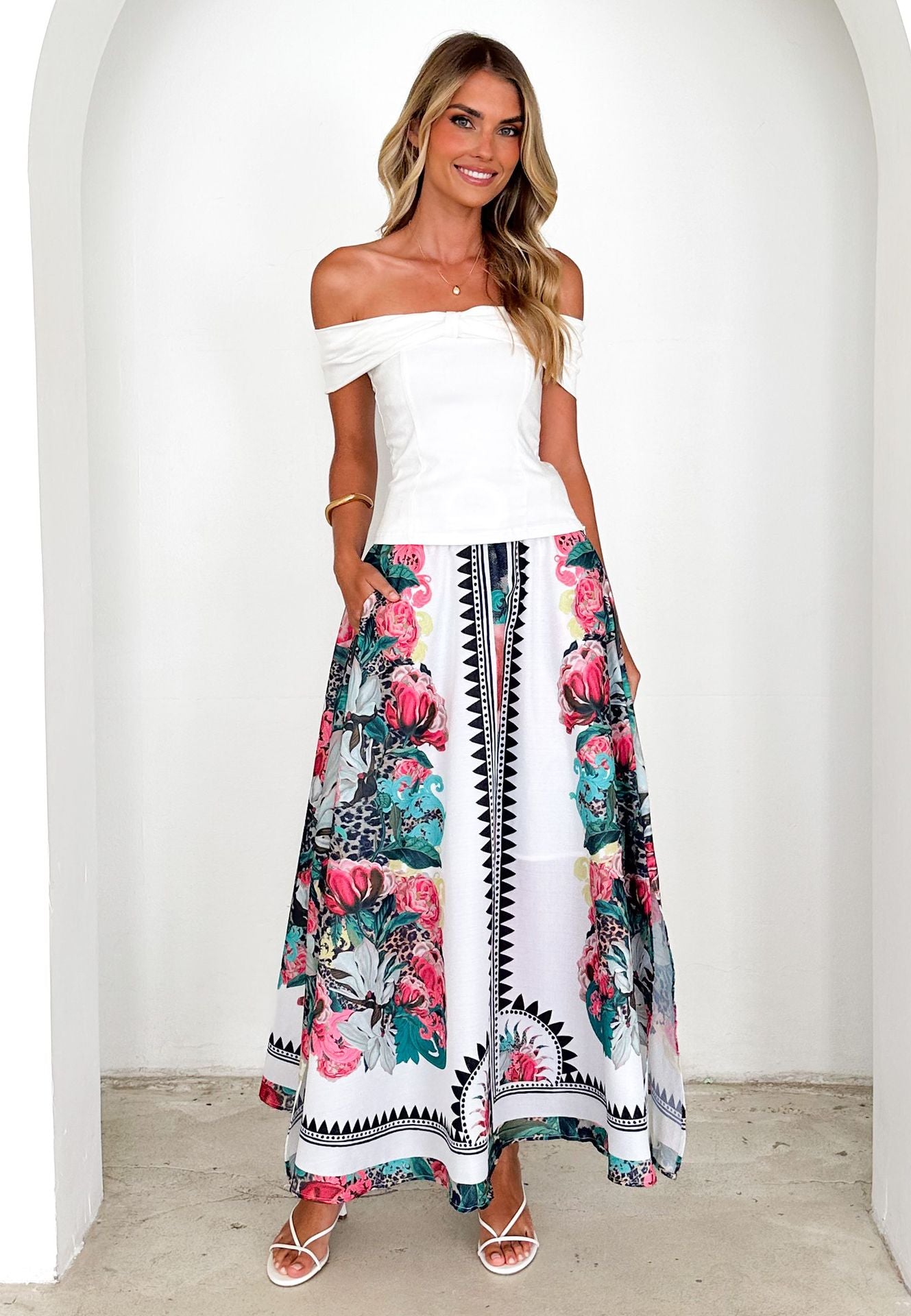Women Summer High Waist Elastic Waist Loose Printed Long Skirt