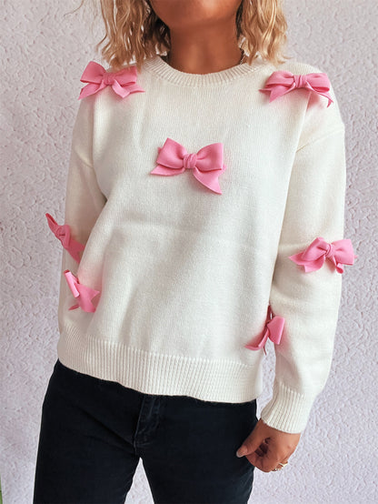 Sticky Bow Casual Sweet Knitted Top Autumn Winter round Neck Sweater Pullover