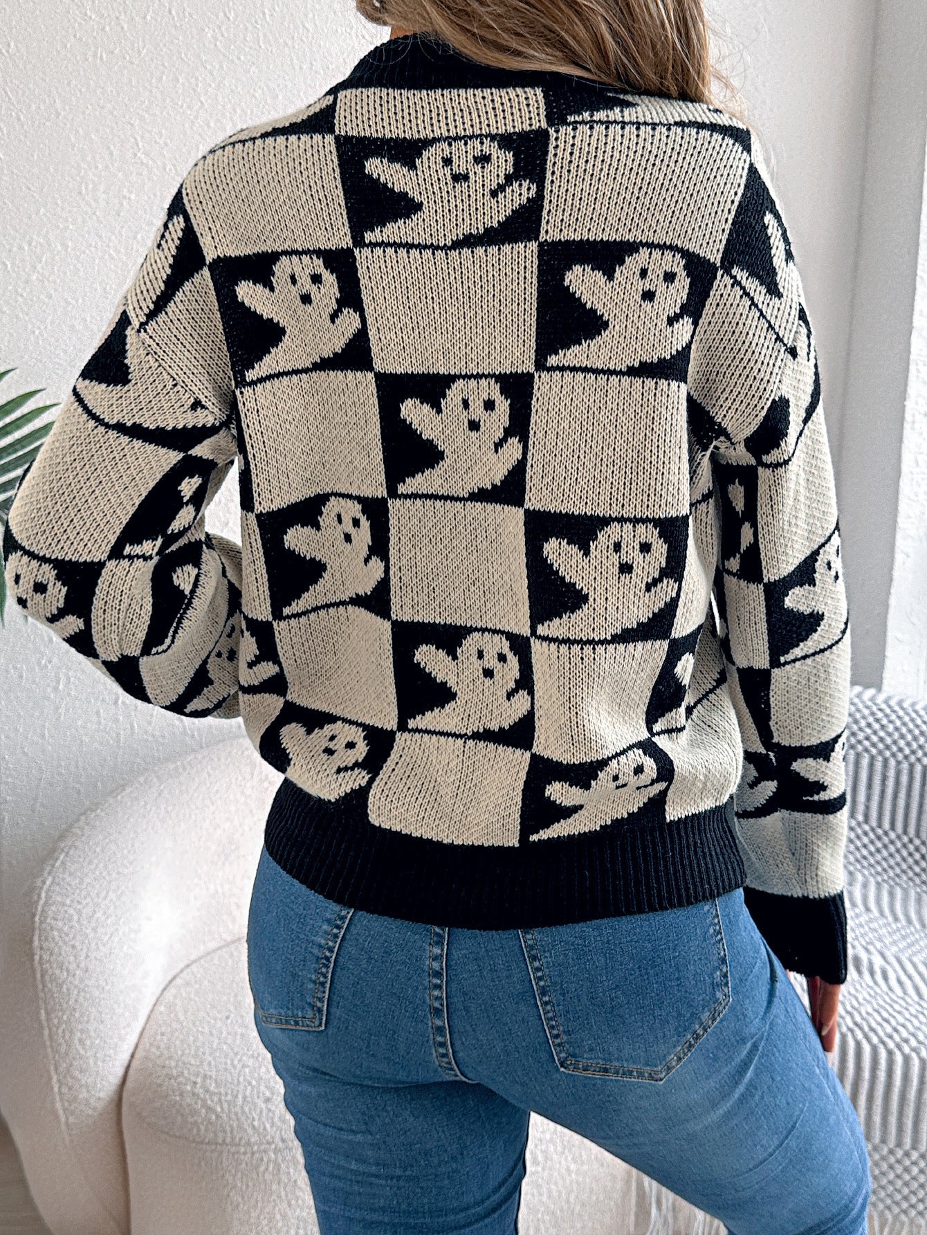 Autumn Winter Halloween Plaid Lantern Long Sleeve Pullover Women Clothing