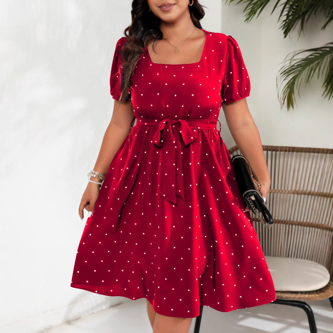 Plus Size Women Elegant Retro Dots Waist Controlled Lace up Square Collar Large Swing Dress