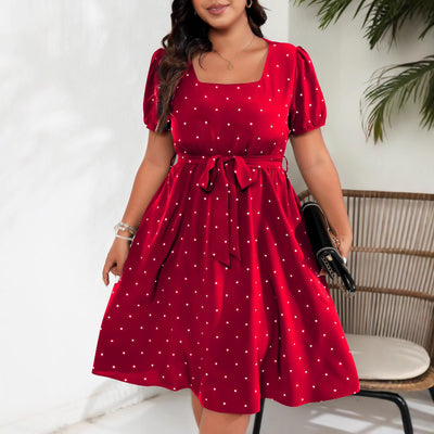 Plus Size Women Elegant Retro Dots Waist Controlled Lace up Square Collar Large Swing Dress