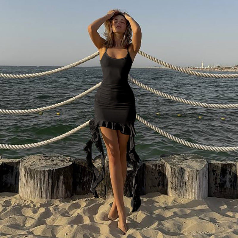 Summer Women Clothing Solid Color Sexy Slim U Neck Backless Sling Dress Women