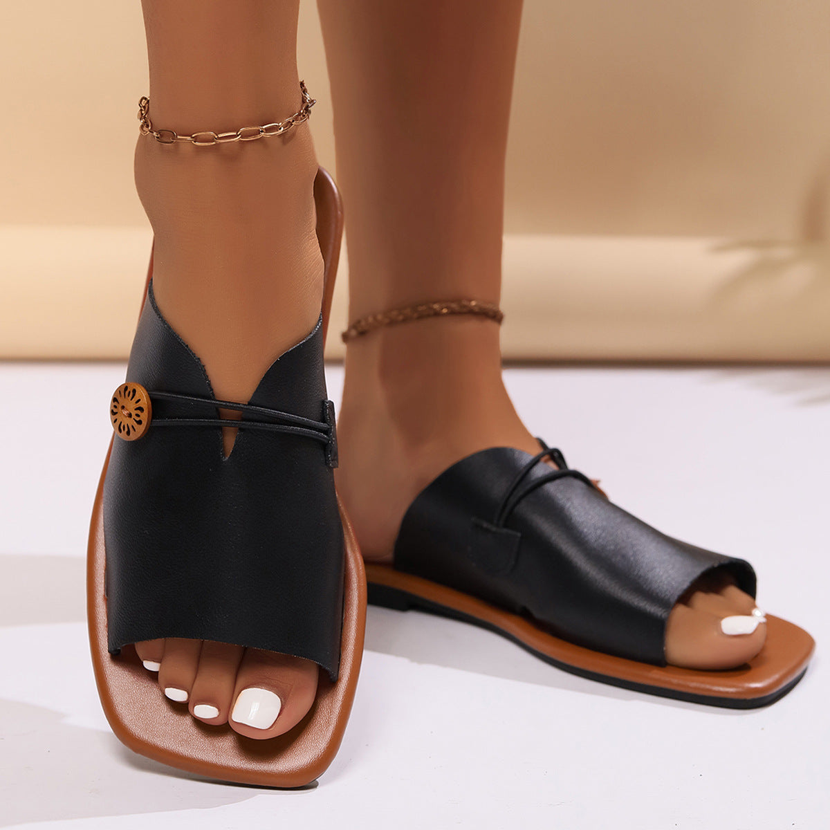 Square Toe V Cut Flat Slippers Women Outer Wear One Line Button Strap Beach Sandals