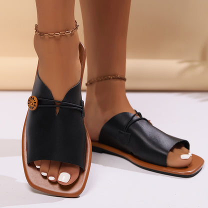 Square Toe V Cut Flat Slippers Women Outer Wear One Line Button Strap Beach Sandals