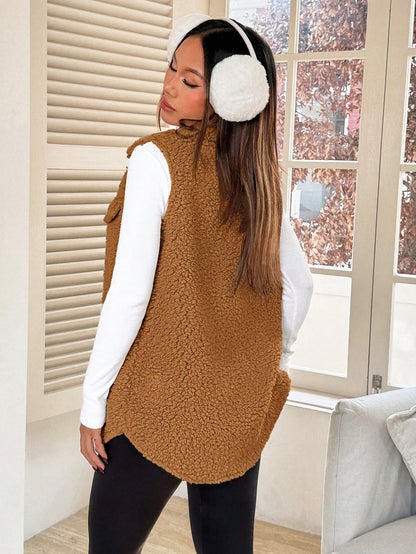 Fall Winter Lapels Open Buckle Plush Vest Cardigan Loose Office Faux Cashmere Women