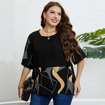 Plus Size Round Neck Art Printed Top Popular Printed Loose Casual