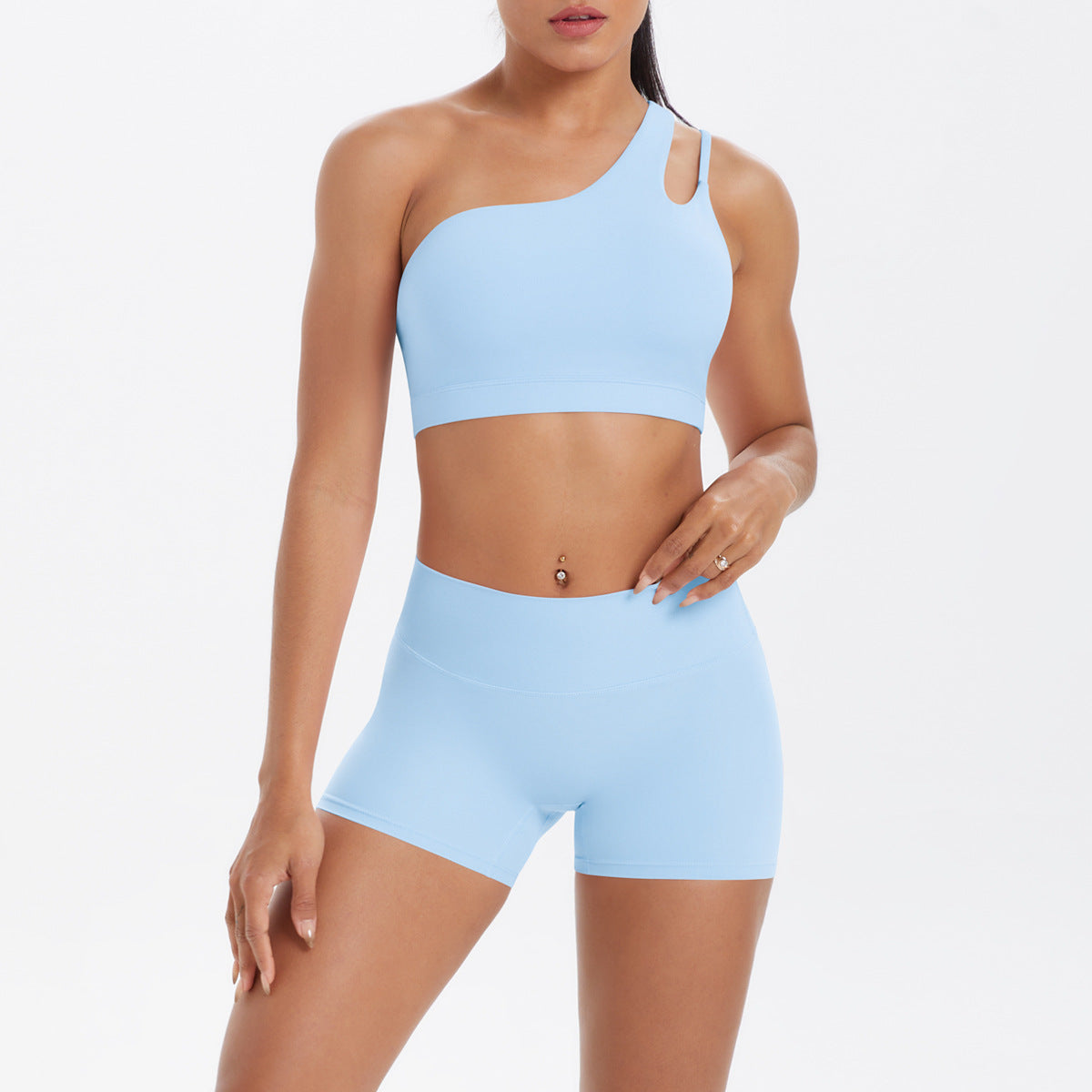 Oblique One Shoulder Beauty Back Yoga Bra Nude Feel Sports Bra Strap Running Workout Vest Shorts Set Women