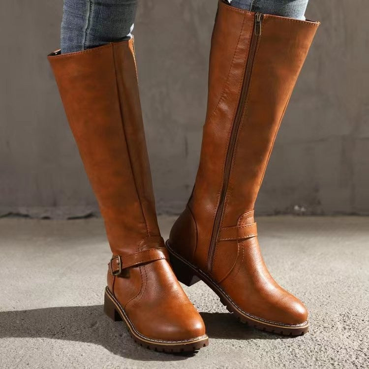 Thick Heel Long Tube Motorcycle Boots Women Side Zipper High Top Low Heel Knight Leather Boots