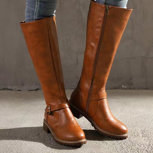 Thick Heel Long Tube Motorcycle Boots Women Side Zipper High Top Low Heel Knight Leather Boots