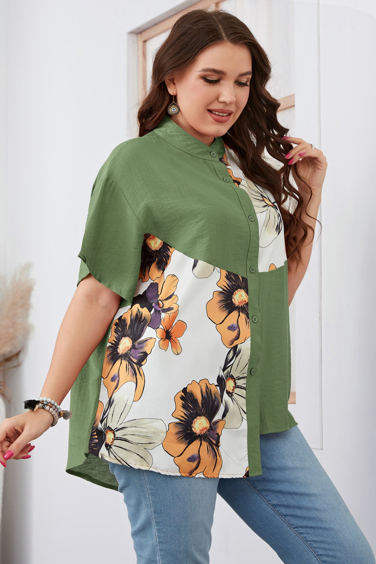 Plus Size Women Slimming Loose Printed Short-Sleeved Top Women Clothing