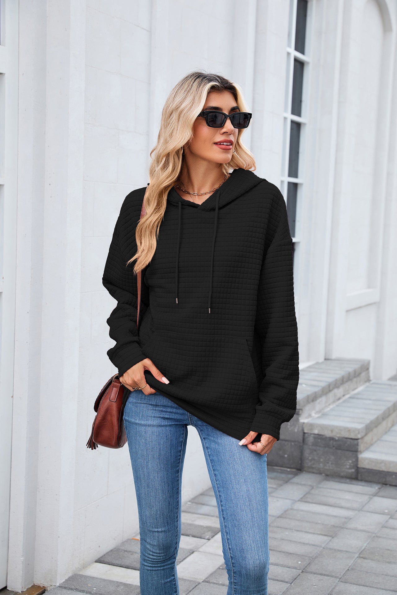Autumn Winter Solid Color Hooded Pocket Loose Long Sleeve Sweatershirt Coat for Women