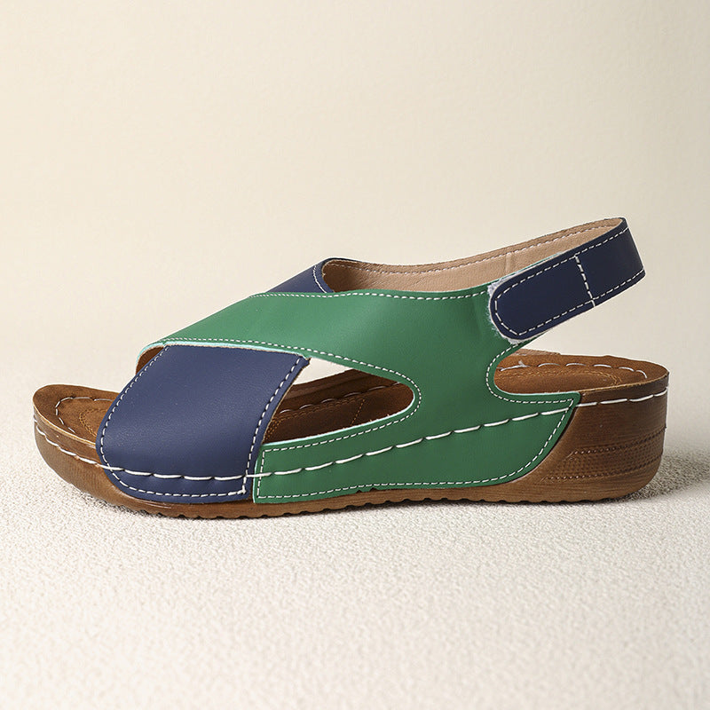 Platform Cross Wedge Sandals Women Outer Wear Contrast Color Breathable Velcro Beach Slippers - GLAMWEARS