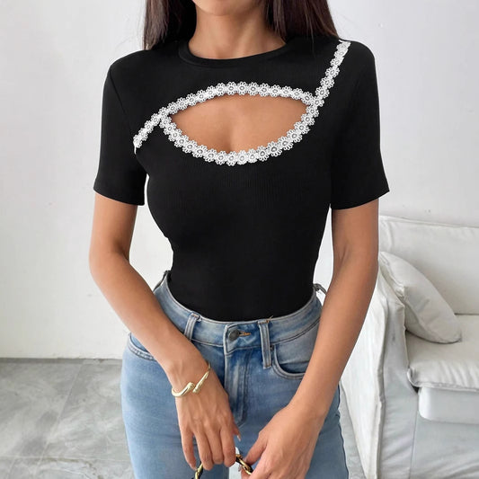 Summer Solid Color Decorative Applique round Neck Short Sleeve T shirt Top for Women