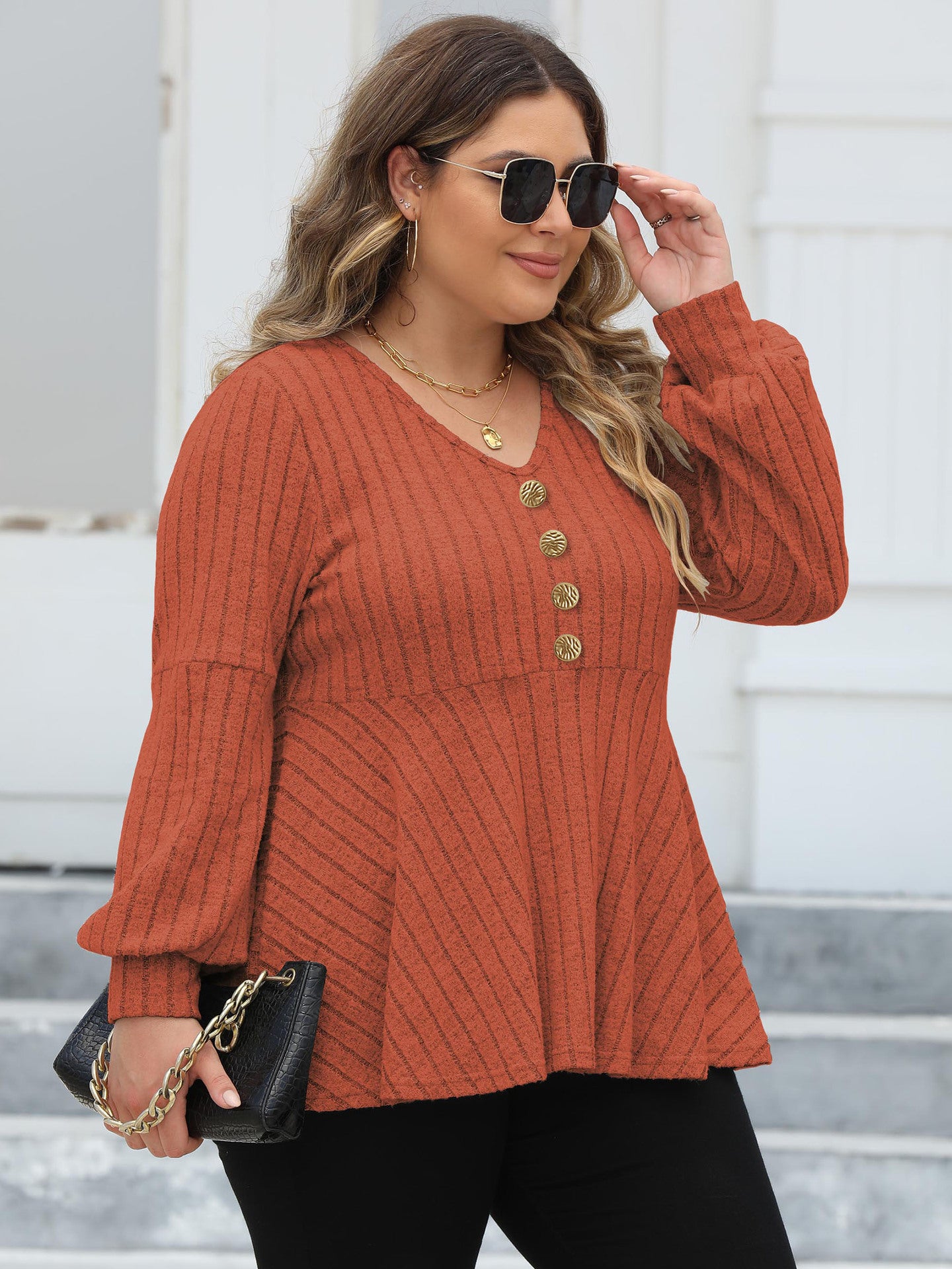 Women Tops plus Size Women Doll Shirt V neck Sunken Stripe Fleece Lantern Sleeve T shirt Gold Fastener Decoration Top