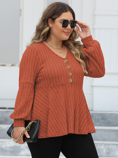 Women Tops plus Size Women Doll Shirt V neck Sunken Stripe Fleece Lantern Sleeve T shirt Gold Fastener Decoration Top