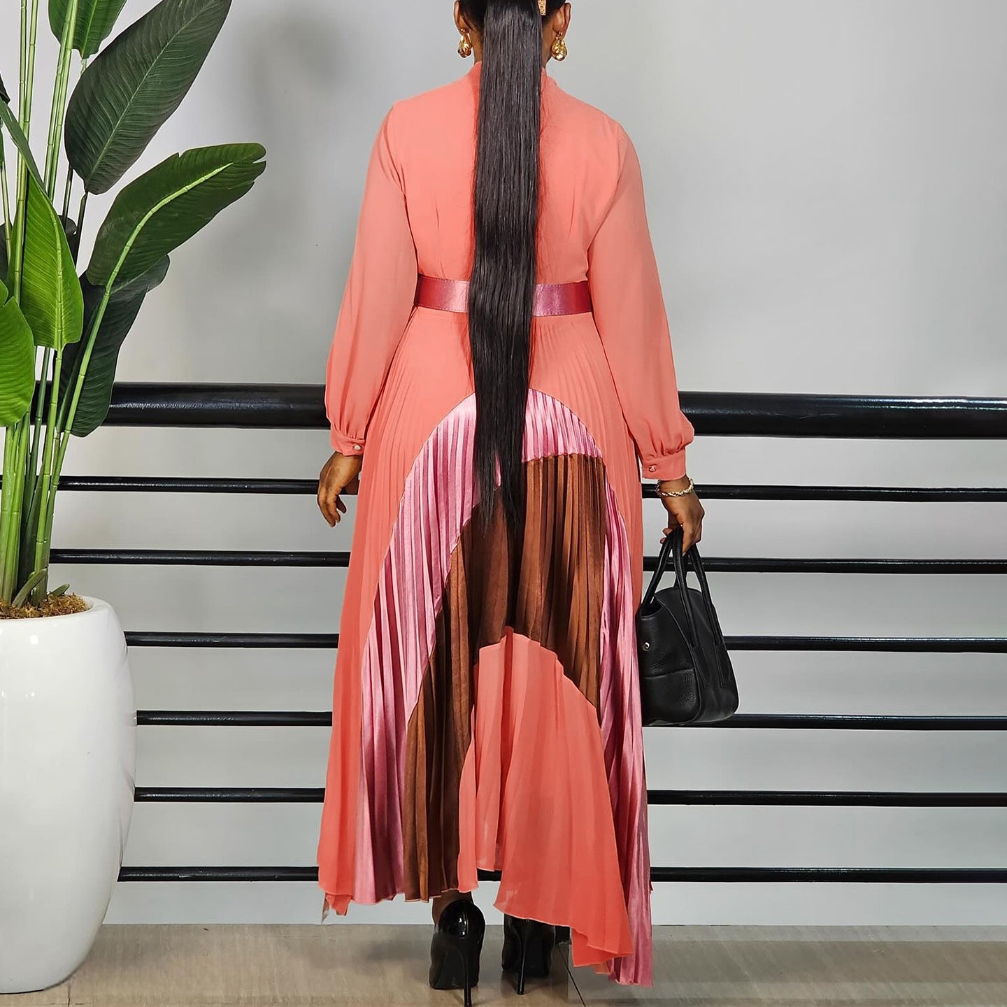 Women Clothing Tie Color Matching Pleated Dress Elegant Plus Size Dress