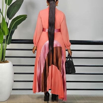 Women Clothing Tie Color Matching Pleated Dress Elegant Plus Size Dress