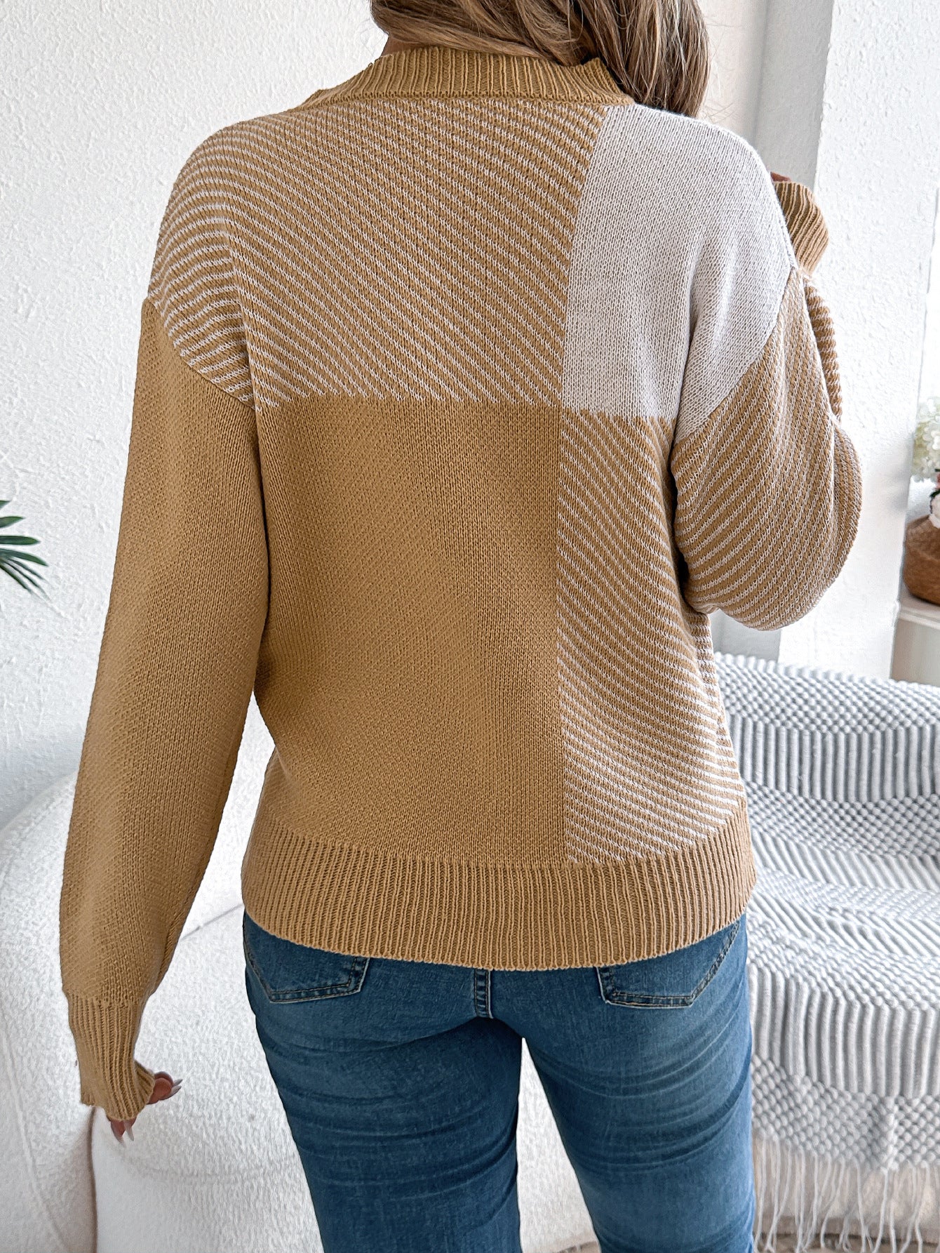 Autumn Winter Casual Color Contrast Check Long Sleeve Pullover Women Clothing